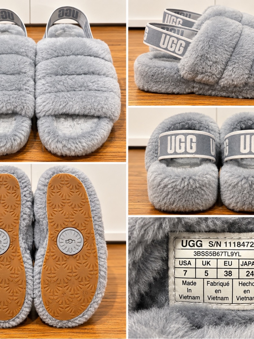 UGG Fuzz Sugar Terry Cross Slide Metal Grey Slippers Size 7